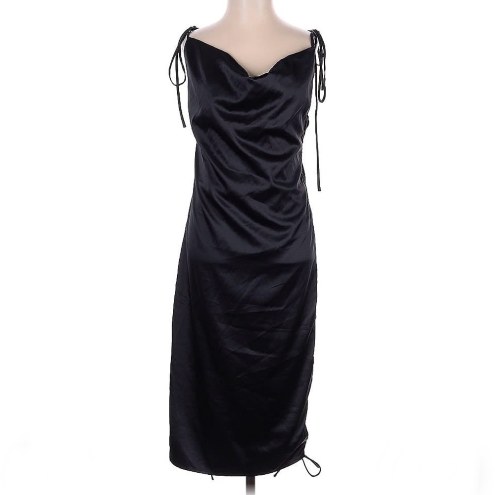 LEAU Cabo Black Satin Tie Strap Shoulder Ruched Cocktail Club Party Dress Sz Sm